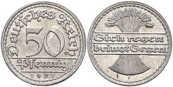 Германия 50 пфеннигов 1921 F KM 27, J.301, Weege 10 алюминий UNC 4584-755
