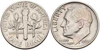 США 10 центов = дайм 1965 Рузвельт KM 195а медь плакированная медно-никелем    4115-351