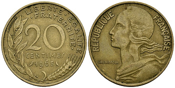 Франция 20 сантимов 1965 тип Marianne KM 930 медь алюминий никель 4135-554