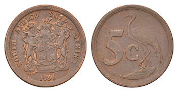 ЮАР 5 центов 1994 герб, райский журавль KM 134 сталь плакированная медью 4627-214
