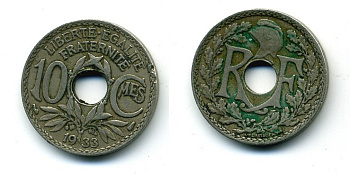 ФРАНЦИЯ 10 САНТИМОВ 1933 ТИП ЛИНДАЙЁ KM 866а медно-никель 84-329
