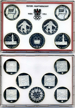 Австрия набор из 7 монет по 100 шиллингов 1974 олимпийские игры 1976 года в Инсбруке, два монетных двора , Вена (v) И Холл (h), в пластике и коробке KM 2926, 2927, 2928, 2929 серебро PROOF 3-4-8-21