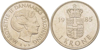Дания 1 крона 1985 R;B, Маргрете II (1972- ) KM 862.3 медно-никель 3459-111