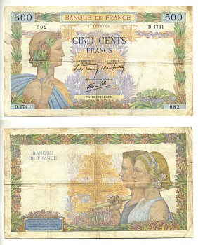 ФРАНЦИЯ 500 ФРАНКОВ 1940 19 ДЕКАБРЯ 1940 Pick 95a бумага 3295-125-1