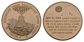 США МЕДАЛЬ ND ПОЛЕТ ГОРДОНА КУПЕРА НА МЕРКУРИЙ-АТЛАС-9, 39 мм, 24,3 гр Латунь PROOF 05-095-15