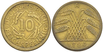 ГЕРМАНИЯ 10 РЕЙХСПФЕННИГОВ 1924 A KM 40, J. 317, Weege 9 алюминиевая бронза 210-336
