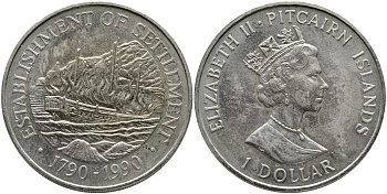 ОСТРОВ ПИТКЕРН 1 ДОЛЛАР 1990 ПЫЛАЮЩИЙ ПАРУСНИК БАУНТИ, 200 ЛЕТ ПЕРВЫМ ПОСЕЛЕНИЯМ (1790-1990) KM 7 медно-никель 4527-923