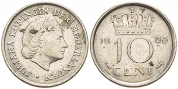 НИДЕРЛАНДЫ 10 ЦЕНТОВ 1966 ЮЛИАНА KM 182 никель 4547-838