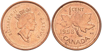 КАНАДА 1 ЦЕНТ 1998 КЛЕНОВЫЙ ЛИСТ, ЕЛИЗАВЕТА II KM 289 сталь плакированная медью 112-116