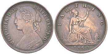 Великобритания 1 фартинг 1860 Виктория (1837-1901) KM 747.2, Spink 3958 бронза 4613-419