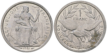 Французская Новая Каледония 1 франк 1981 птица кагу, (IEOM) KM 10, Schoen 10, Lec 44 алюминий    51-1911
