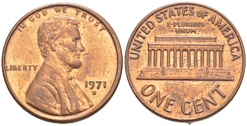 США 1 ЦЕНТ 1971 D, ЛИНКОЛЬН KM 201 медь цинк 187-614
