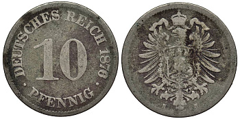 ГЕРМАНИЯ 10 ПФЕННИГОВ 1876 H, СТАРОГЕРБОВКА, РЕДКАЯ KM 4, Jager 4, Weege 7 медно-никель 4543-545