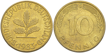 ФРГ 10 ПФЕННИГОВ 1983 G KM 108, J. 383 сталь плакированная латунью 4182-934