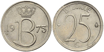 БЕЛЬГИЯ 25 САНТИМОВ 1975 BELGIQUE KM 153.1 медно-никель 4528-1028