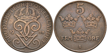 Швеция 5 эре 1928 Густав V (1907-1950) KM 779.2 бронза 4557-615