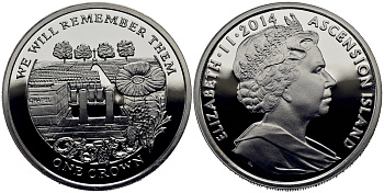 Остров Вознесения 1 крона 2014 в память героев первой мировой войны, кладбище KM NEW серебро PROOF 1071-1-62