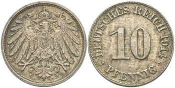 ГЕРМАНИЯ 10 ПФЕННИГОВ 1914 D KM 12, J. 13 медно-никель 210-717