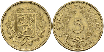 Финляндия 5 марок 1946 S KM 31а латунь    4150-444