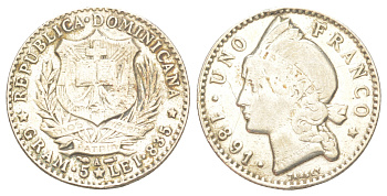 Доминиканская Республика (Доминикана) 1 франк 1891 KM 11 серебро 443-234