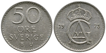 Швеция 50 эре 1973 U, Густав VI Адольф (1950-1973) KM 837 медно-никель 4380-536
