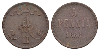Россия для Финляндии 5 пенни 1866 Александр II (1855-1881) Биткин 658 медь 4641-854