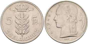 Бельгия 5 франков 1949 Леопольд III (1934-1950), Belgique KM 134.1 медно-никель 4592-935