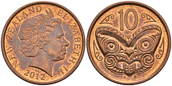Новая Зеландия 10 центов 2012 маска Маори, Елизавета II (1952-) KM 117а сталь плакированная медью 68-315