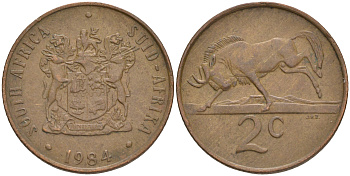 ЮАР 2 цента 1984 герб, антилопа гну KM 83 бронза 4561-726