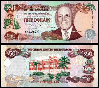 Багамский Острова (Багамы) 50 долларов 2000 Сэр Роланд Т. Симонетт, Здание Центрального банка Pick 66 бумага UNC (пресс) 451-417-2