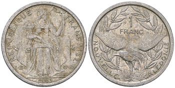 Французская Новая Каледония 1 франк 2003 птица кагу, (IEOM) KM 10, Schoen 10, Lec 52h алюминий 46-1344