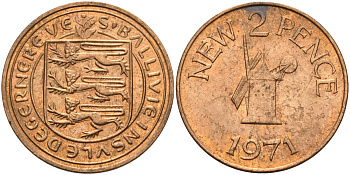 Гернси 2 пенса 1971 Елизавета II (1952-2022), ветряная мельница KM 22 бронза 4153-711