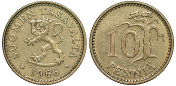 Финляндия 10 пенни 1966 S KM 46 алюминиевая бронза 3334-1122