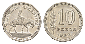 Аргентина 10 песо 1962 KM 60 сталь плакированная никелем 4153-847