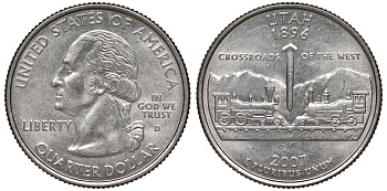 США 25 центов (квотер) 2007 D, серия штаты США, Юта KM 400 медь плакированная медно-никелем 4541-345