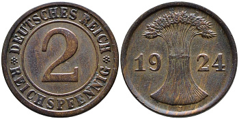 ГЕРМАНИЯ 2 РЕЙХСПФЕННИГА 1924 J, ВЕЙМАРСКАЯ РЕСПУБЛИКА (1919-1933) KM 38, Jager 314, Weege 4 бронза 4546-827