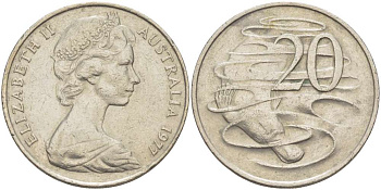 АВСТРАЛИЯ 20 ЦЕНТОВ 1977 ЕЛИЗАВЕТА II (1953-), УТКОНОС KM 66 медно-никель 4521-132