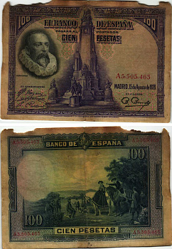 Испания 100 песет 1928 Мигель де Сервантес Сааведра, памятник Сервантесу, картина Дон Кихот Pick 76 а бумага 8609-37-2