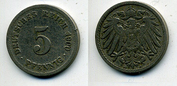 ГЕРМАНИЯ 5 ПФЕННИГОВ 1900 A, KM 11, J. 12 медно-никель 58-1212