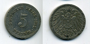 ГЕРМАНИЯ 5 ПФЕННИГОВ 1912 A, KM 11, J. 12 медно-никель 29-311