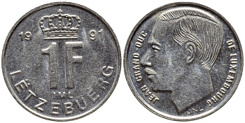 ЛЮКСЕМБУРГ 1 ФРАНК 1991 ВЕЛИКИЙ ГЕРЦОГ ЖАН KM 63 никель сталь 4396-1145