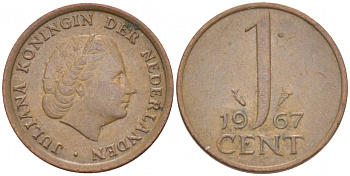 НИДЕРЛАНДЫ 1 ЦЕНТ 1967 ЮЛИАНА KM 180 бронза 3457-1218