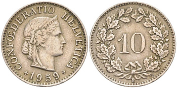 ШВЕЙЦАРИЯ 10 РАППЕНОВ 1959 В KM 27 медно-никель 55-315