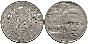 Польша 10 злотых 1967 MW, 100 лет со дня рождения Марии Склодовской-Кюри KM 59 медно-никель 441-742