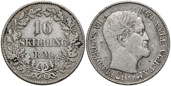 ДАНИЯ 16 СКИЛЛИНГОВ РИГСМОНТ 1857 RM, ФРЕДЕРИК VII KM 765 (С 137) серебро 27-434