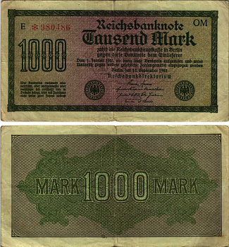 ГЕРМАНИЯ 1000 МАРОК 1922 15 СЕНТЯБРЯ 1922, ВОДЯНОЙ ЗНАК J, ЗЕЛЁНАЯ БУМАГА Pick 76g бумага 7220-72-2