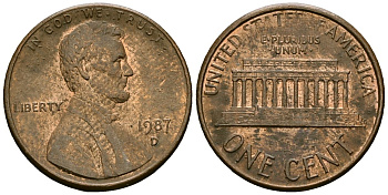 США 1 цент 1987 D, Линкольн KM 201b цинк плакированный медью 4136-329