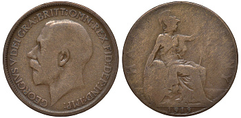 Великобритания 1/2 пенни 1919 Георг V (1910-1936) KM 809, Spink 4056 бронза 4122-725