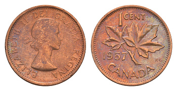 Канада 1 цент 1957 Елизавета II (1952-2022), кленовый лист KM 49 бронза 4639-313