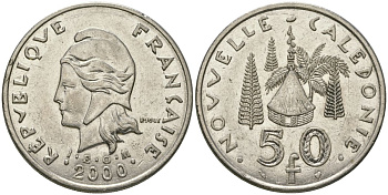 Французская Новая Каледония 50 франков 2000 хижина среди сосен и пальм, (IEOM) KM 13, Schoen 15, Lec 121 никель 111-616